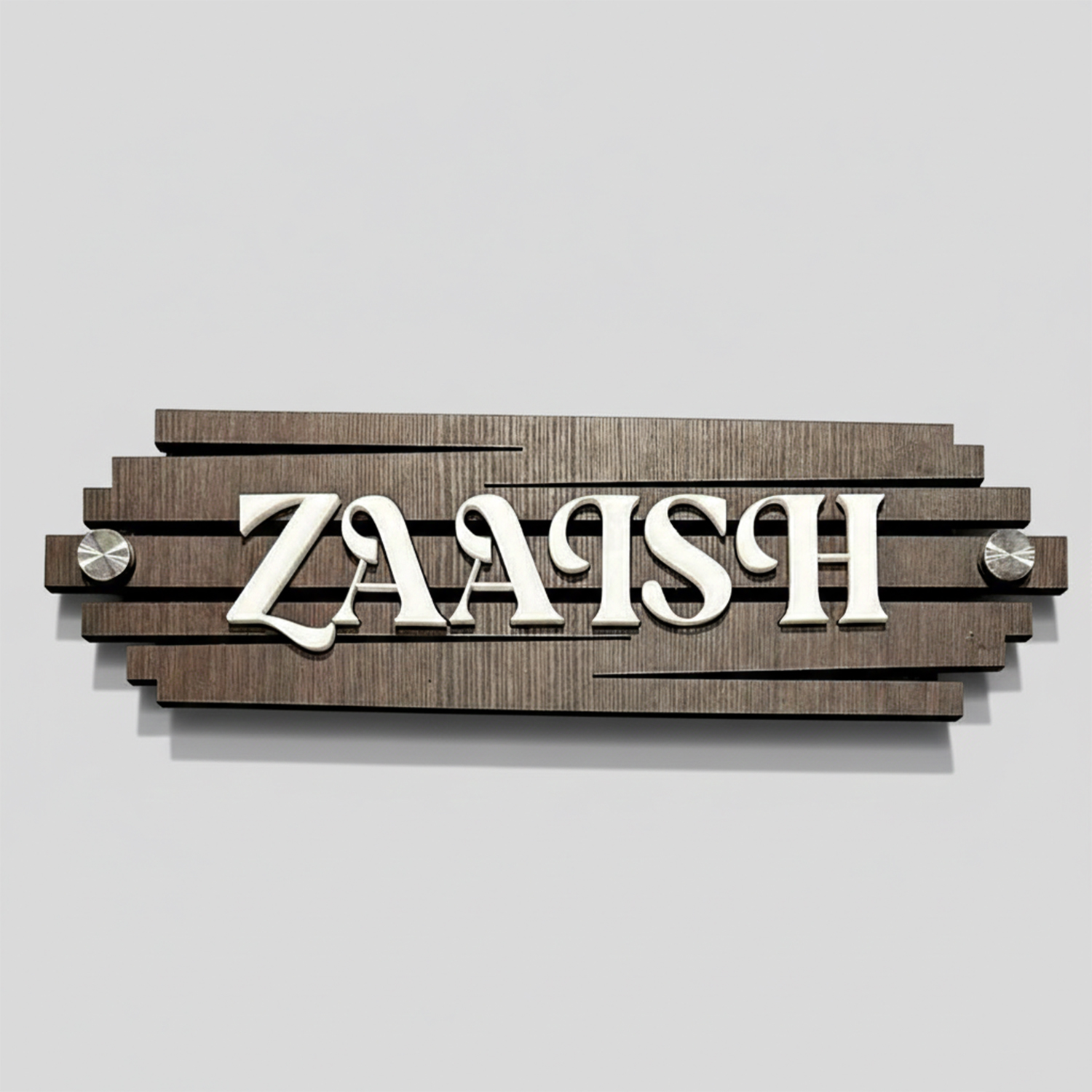 Close-up of a luxury house name board featuring a wooden textured background and bold white lettering.